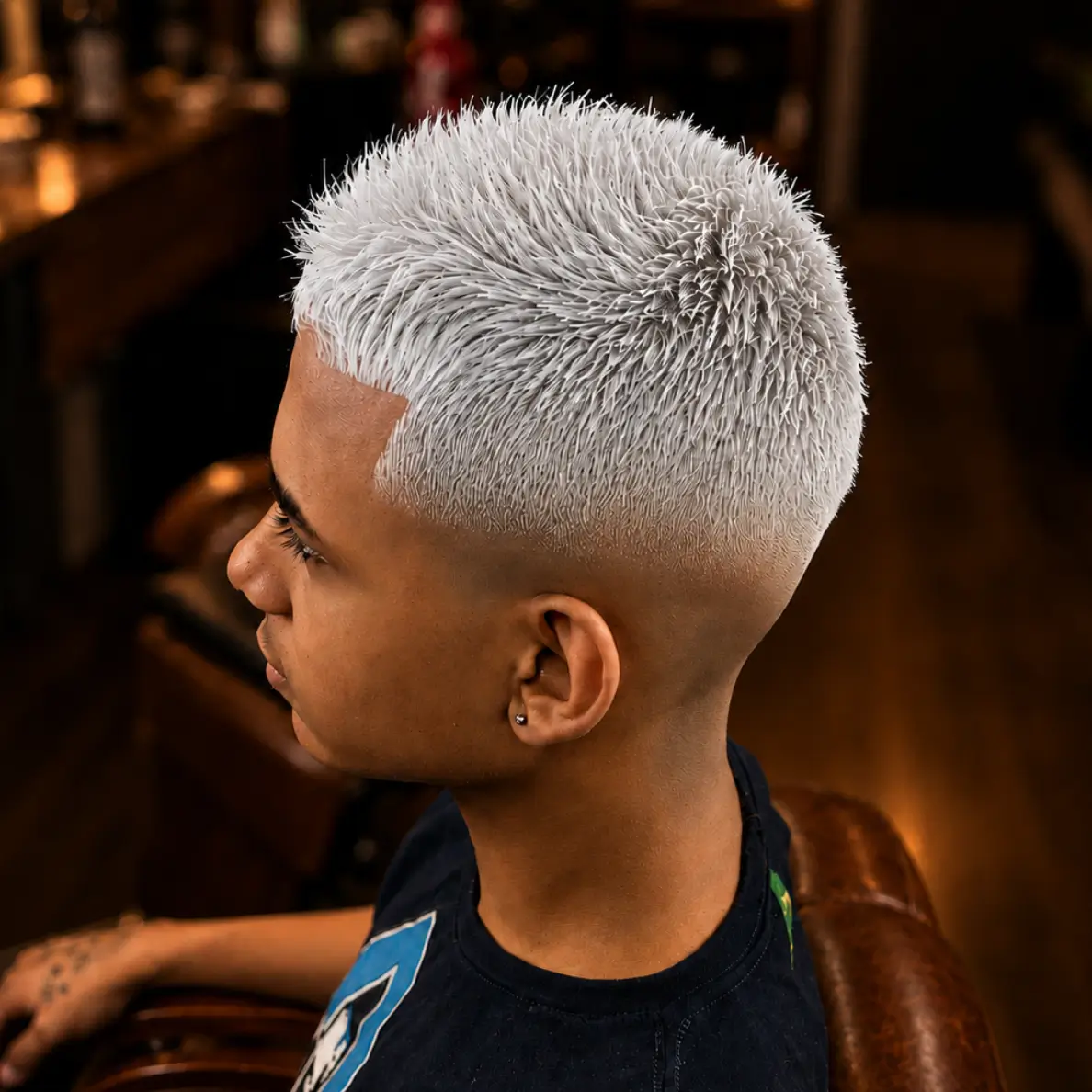 Cabelo masculino platinado branco-neve com degradê - serviço Nevou de descoloração na Barbearia Santana Rio Verde GO