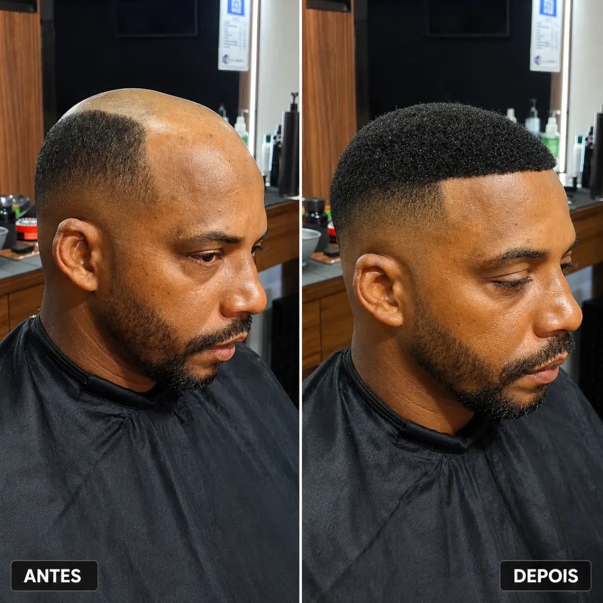 Antes e depois de prótese capilar fio a fio afro na Barbearia Santana Rio Verde GO